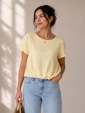 Spighe Di Lino Italy Linen Blend Bubble Hem Top Butter Yellow Made In Italy L